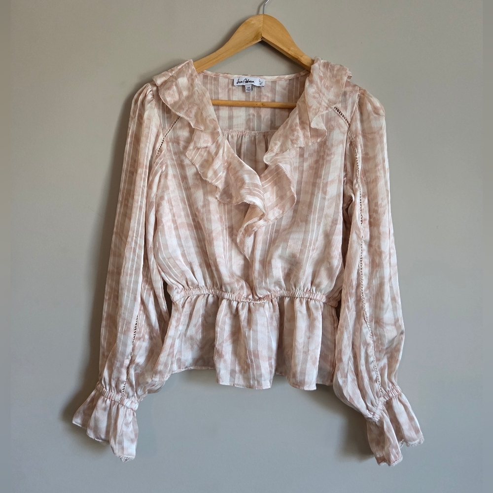 Sam Edelman Blush Pink Plaid Ruffle Peplum Long Sleeve Blouse Cottagecore XS